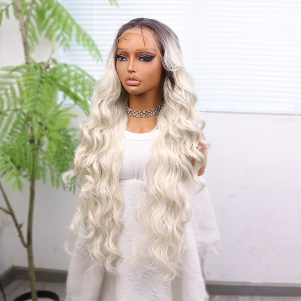 Kumral Beyaz Platin Ombreli Ekstra Uzun Fiber Sentetik Dalgalı Tül Peruk - Resim 4