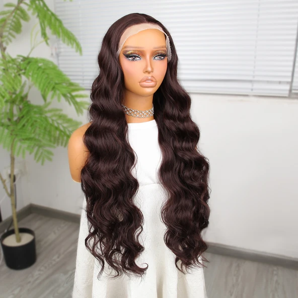 Koyu Kumral Ekstra Uzun Fiber Sentetik Dalgalı Tül Peruk - Resim 3