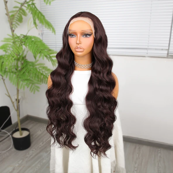 Koyu Kumral Ekstra Uzun Fiber Sentetik Dalgalı Tül Peruk - Resim 4