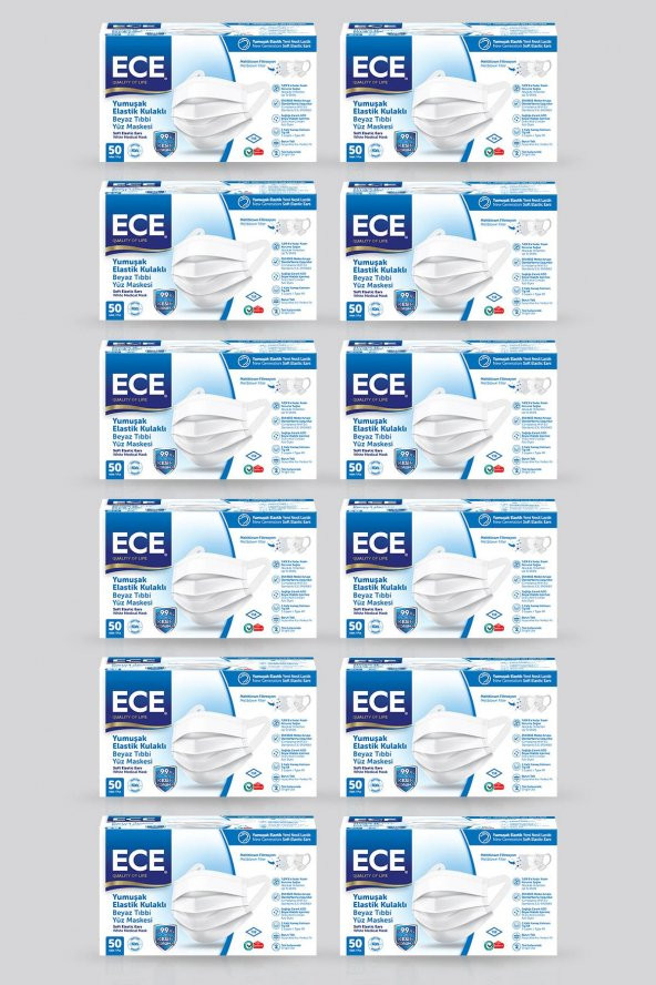 ECE YUMUŞAK ELASTİK KULAKLIKLI TIBBİ YÜZ MASKESİ 50Lİ BEYAZ 600