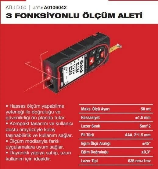 Attlas ATLLD 50 3 Fonksiyonlu Dijital Lazermetre Ölçüm Aleti - 4