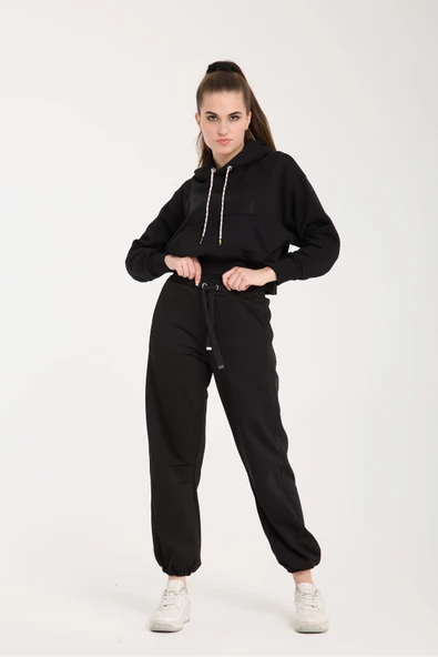 KAPİŞONLU EŞOFMAN TAKIMI ALT ÜST SİYAH LASTİKLİ PAÇA - Resim 2
