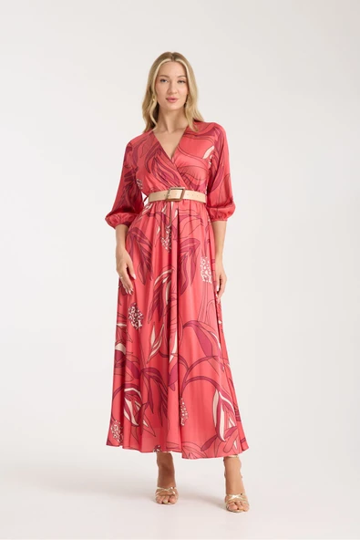 KIRMIZI RENK KARIŞIK DESENLİ SATEN KUMAŞ İÇİ ASTARLI ELBİSE - Resim 8