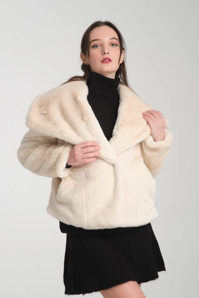 Kürk Mont Ekru Şal Yaka - Resim 3