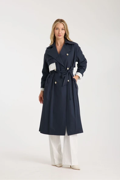 TRENCKOT LACİVERT ARKADA RÜZGARLIK DETAYLI ÇİZGİLİ ASTAR - 4