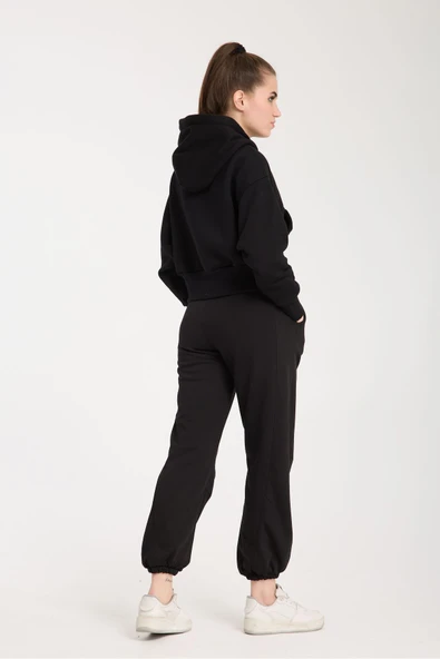 KAPİŞONLU EŞOFMAN TAKIMI ALT ÜST SİYAH LASTİKLİ PAÇA - Resim 5