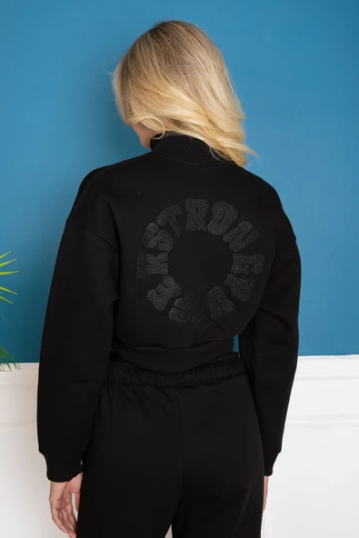 EŞOFMAN TAKIMI ALT ÜST SİYAH CROP ÜST BORU PAÇA ALT - Resim 3