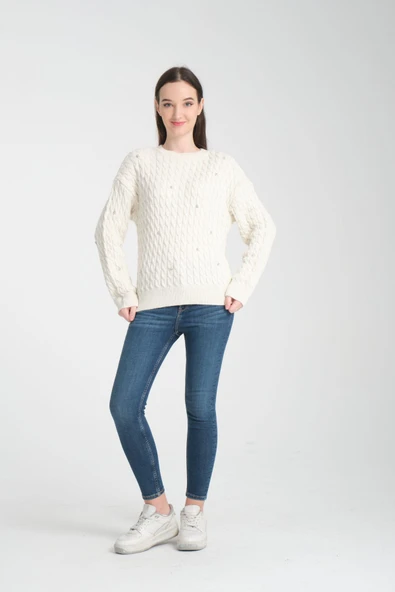 YÜN SAÇ ÖRGÜLÜ TAŞ İŞLEMELİ EKRU KAZAK - Resim 5