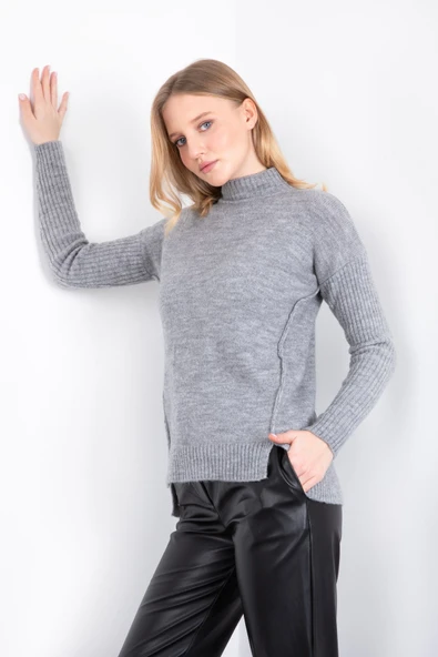 GRİ RENK YARIM BALIKÇI YANDAN DİKİŞLİ DUBLE KOL KAZAK - Resim 4