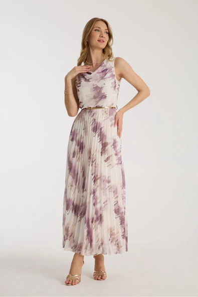 Mor Rengi Fırca Desenli Plise Elbise ürün görseli 1