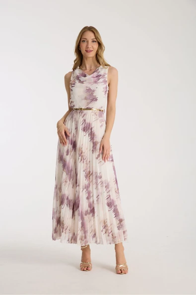 Mor Rengi Fırca Desenli Plise Elbise - Resim 7