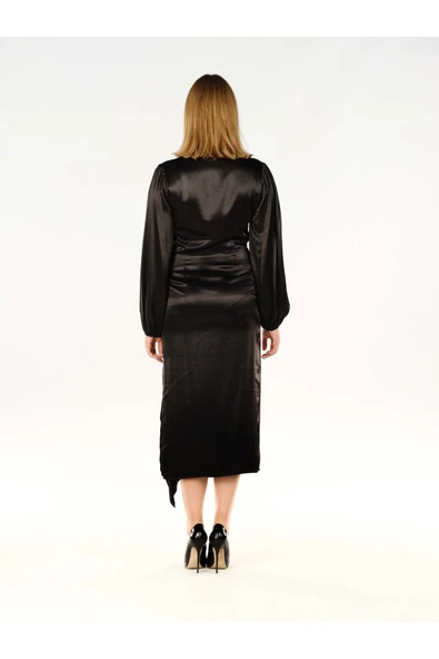 Siyah Uzun Saten Abiye Elbise - 5