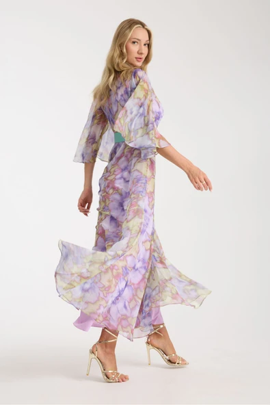 LİLA RENK KARIŞIK RENK VE DESENLİ ŞİFON İÇİ ASTARLI ELBİSE - Resim 7