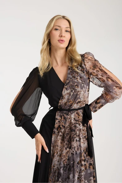 SİYAH LEOPAR DESENLİ VARAK BASKILI ŞİFON ELBİSE İÇİ ASTARLI - Resim 3