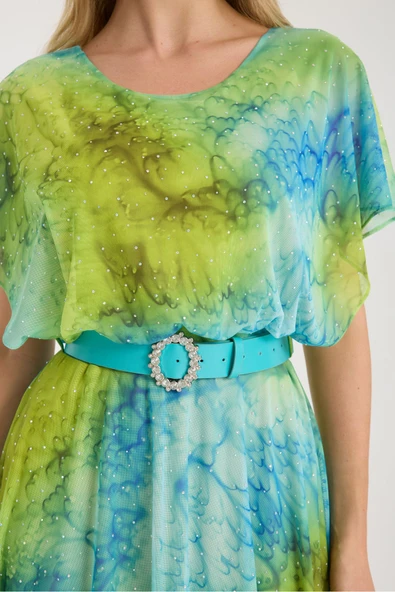 MAVİ YEŞİL NEON DESENLİ TAŞLI ASTARLI UZUN ELBİSE - Resim 5