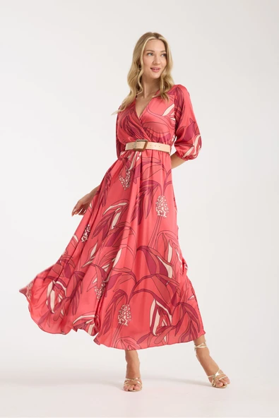 KIRMIZI RENK KARIŞIK DESENLİ SATEN KUMAŞ İÇİ ASTARLI ELBİSE - Resim 6