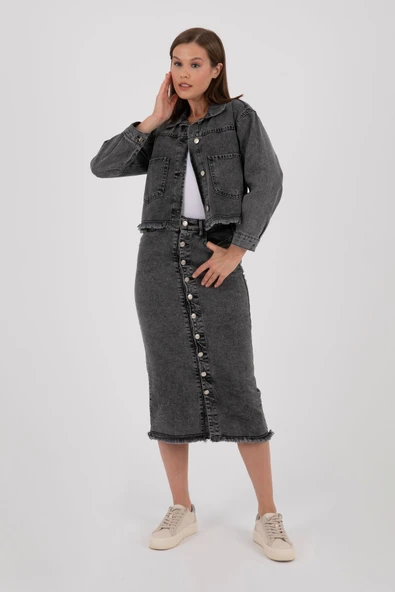 KOT CEKET KOYU GRİ ÖNDEN DÜĞMELİ ALT TARAFTA KESİK KENAR DETAYI - Resim 6