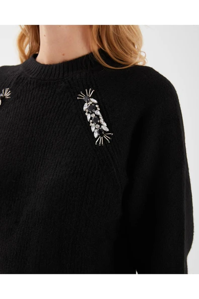 SİYAH YÜNLÜ TAŞ İŞLEMELİ KAZAK - Resim 2