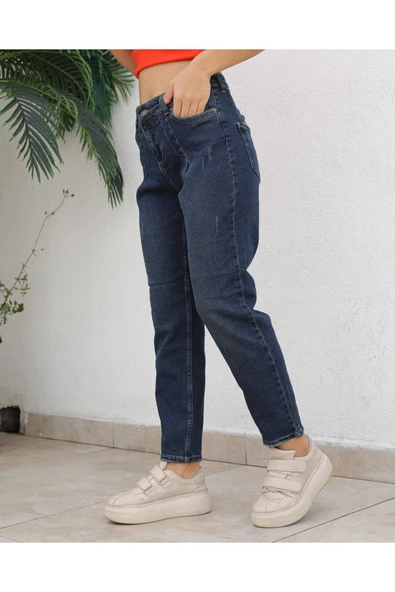 Koyu Mavi Mom Jean Kot Patolon - 4