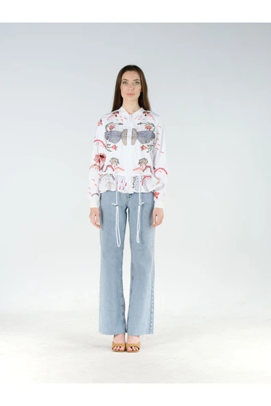 Nakış Işlemeli Beyaz Spor Mont Belden Kuşaklı - Resim 6