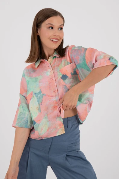 FIRÇA DESEN ÇOK RENKLİ PAMUKLU FLOŞ GÖMLEK - Resim 4