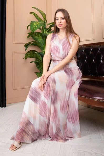 Pudra Pembe Ve Mor Desenli Beyaz Plise Elbise - Resim 5