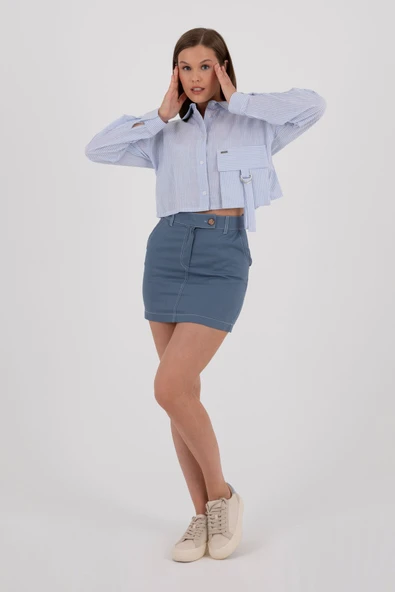 MAVİ  ÇİZGİLİ CROP GÖMLEK CEP DETAYLI - Resim 6