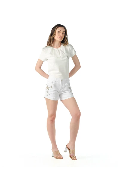 Kot Şort Beyaz Krıstal Taş Işlemeli - Resim 4