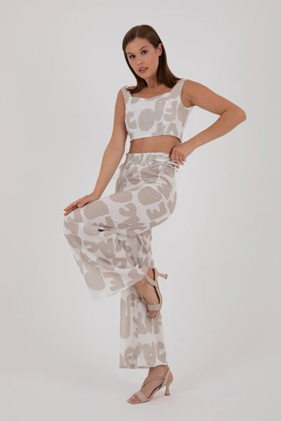 BEJ DESENLİ CROP TOP VE PANTALON TAKIM YAZLIK - Resim 6