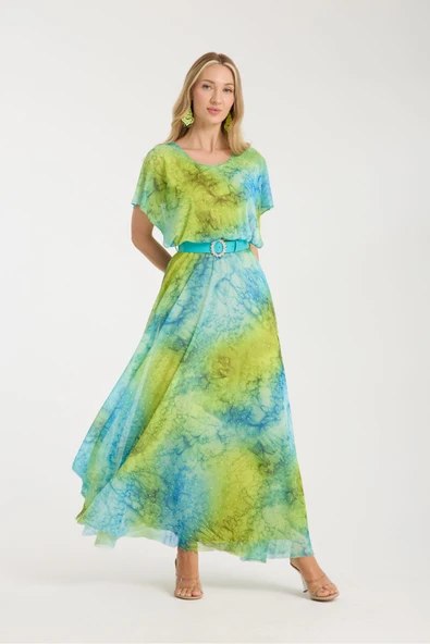 MAVİ YEŞİL NEON DESENLİ TAŞLI ASTARLI UZUN ELBİSE - Resim 3