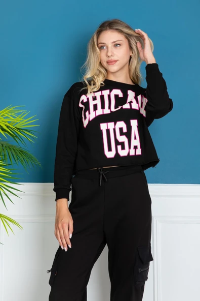 EŞOFMAN TAKIMI ALT ÜST SİYAH ÜST PARCA BASKILI YAKASI ESKİTİLMİŞ BELİ DİKİŞSİZ ALT PARÇA KARGO CEPLİ - Resim 7