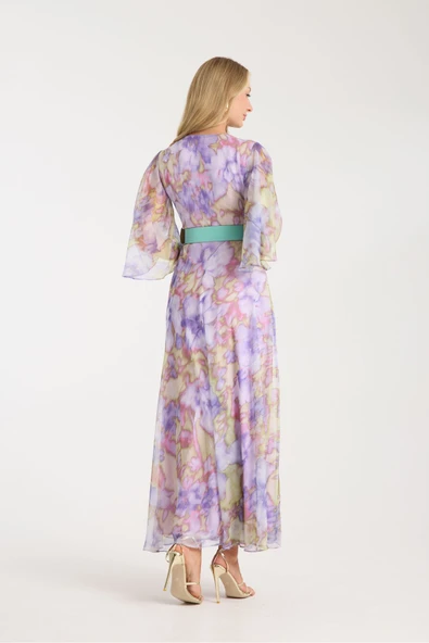 LİLA RENK KARIŞIK RENK VE DESENLİ ŞİFON İÇİ ASTARLI ELBİSE - Resim 5