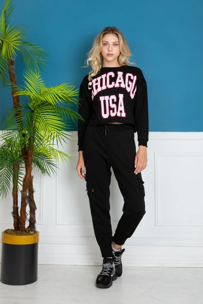 EŞOFMAN TAKIMI ALT ÜST SİYAH ÜST PARCA BASKILI YAKASI ESKİTİLMİŞ BELİ DİKİŞSİZ ALT PARÇA KARGO CEPLİ - Resim 5