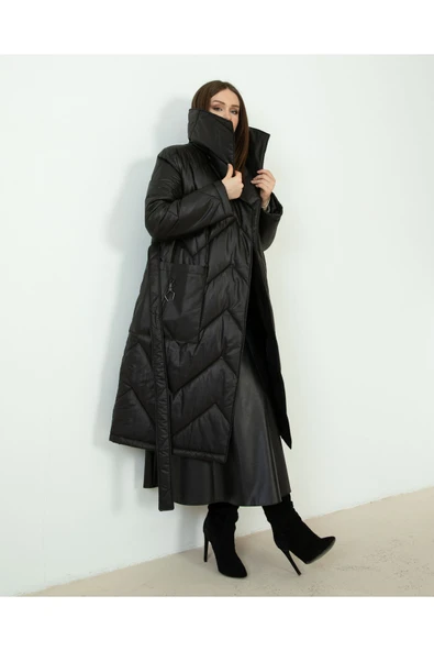 SİYAH DİK YAKA ZİKZAK DESENLİ PUFFER KABAN - 6