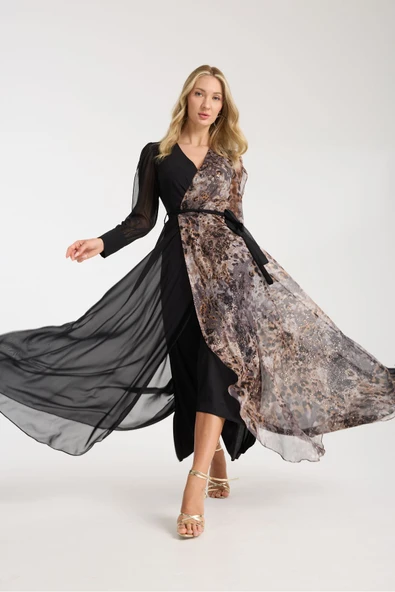 SİYAH LEOPAR DESENLİ VARAK BASKILI ŞİFON ELBİSE İÇİ ASTARLI - Resim 5