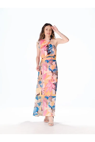 DESENLİ RENKLİ UZUN FARKLI OMUZ DETAYLI ELBİSE - Resim 5