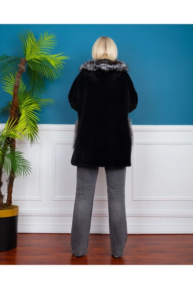 Siyah Kürklü Kaban Yarı Yün Yarı Puffer Alpaka - Resim 7