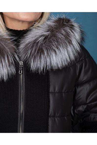 Siyah Kürklü Kaban Yarı Yün Yarı Puffer Alpaka - Resim 2
