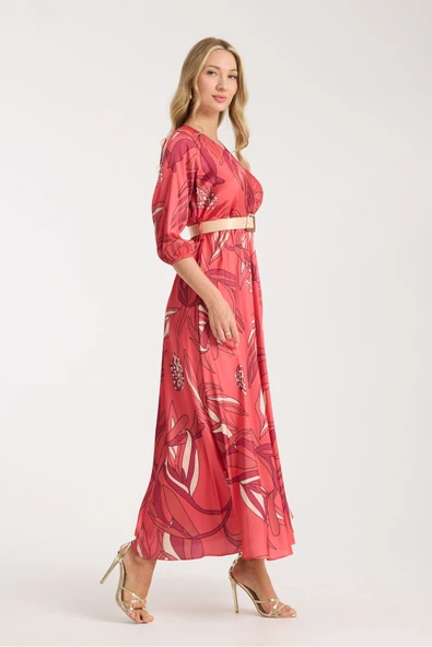 KIRMIZI RENK KARIŞIK DESENLİ SATEN KUMAŞ İÇİ ASTARLI ELBİSE - Resim 2