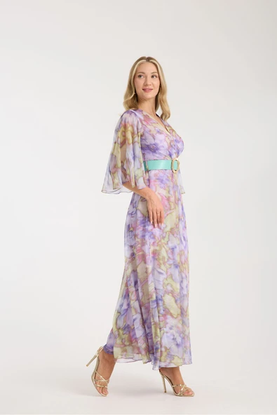 LİLA RENK KARIŞIK RENK VE DESENLİ ŞİFON İÇİ ASTARLI ELBİSE - Resim 2