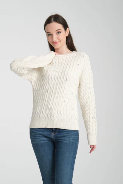 YÜN SAÇ ÖRGÜLÜ TAŞ İŞLEMELİ EKRU KAZAK - Resim 7