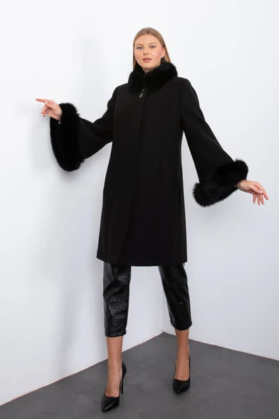 SİYAH KAŞE KÜRK YAKA VE KÜRK KOLLU KABAN - Resim 4