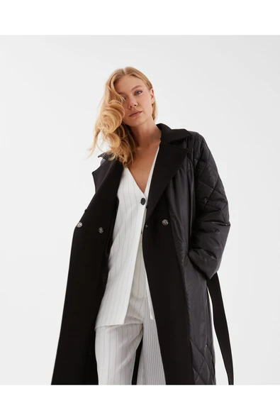 Siyah Kürk Yakali Kapitone Desenli Yünlü Kaşe Ve Puffer Manto - Resim 7