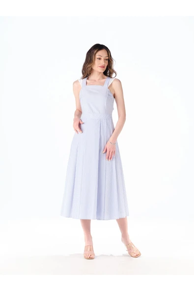 MAVİ BEYAZ ÇİZGİLİ ÇAPRAZ ASKILI ELBİSE - Resim 6