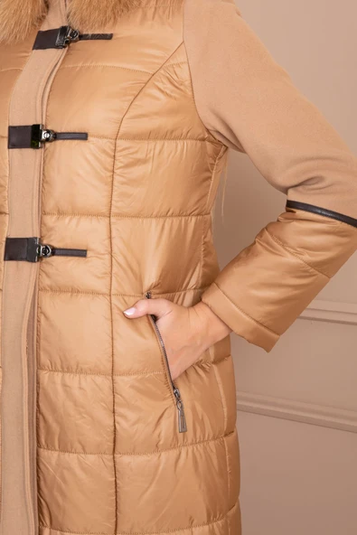 TABA POFUDUK VE KAŞE KÜRK YAKALI UZUN GİZLİ DÜĞMELİ MANTO - 5