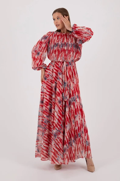 KIRMIZI RENKLİ LACİVERT DESENLİ KLOŞ ELBİSE  KARIŞIK DESENLİ UZUN KOLLU ÜSTÜ PLİSE - Resim 6