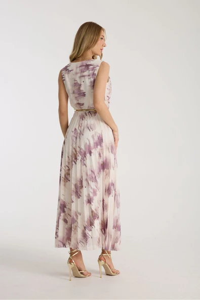 Mor Rengi Fırca Desenli Plise Elbise - Resim 2