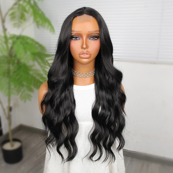 Koyu Siyah Su Dalgalı Fiber Sentetik Tül Peruk - Resim 2