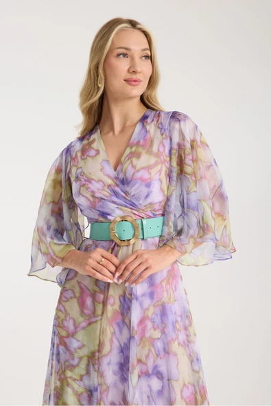 LİLA RENK KARIŞIK RENK VE DESENLİ ŞİFON İÇİ ASTARLI ELBİSE - Resim 3