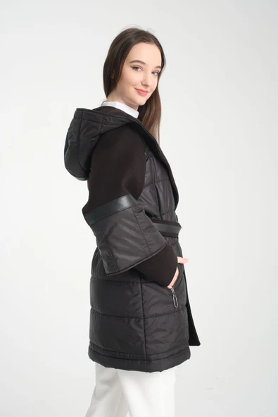 POFUDUK VE KAŞE KAPÜŞONLU MONT SİYAH - 5